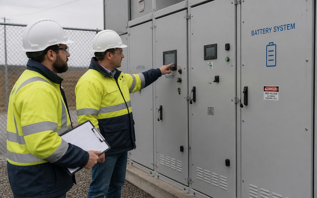 Two engineers in high-visibility jackets inspecting a battery storage unit at a distributed energy site