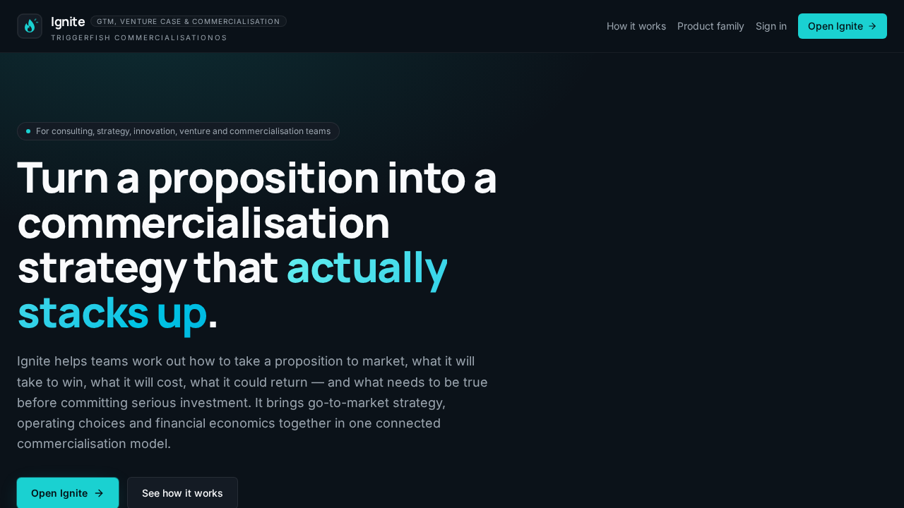 The Ignite product website home page, headlined "Turn a proposition into a commercialisation strategy that actually stacks up"