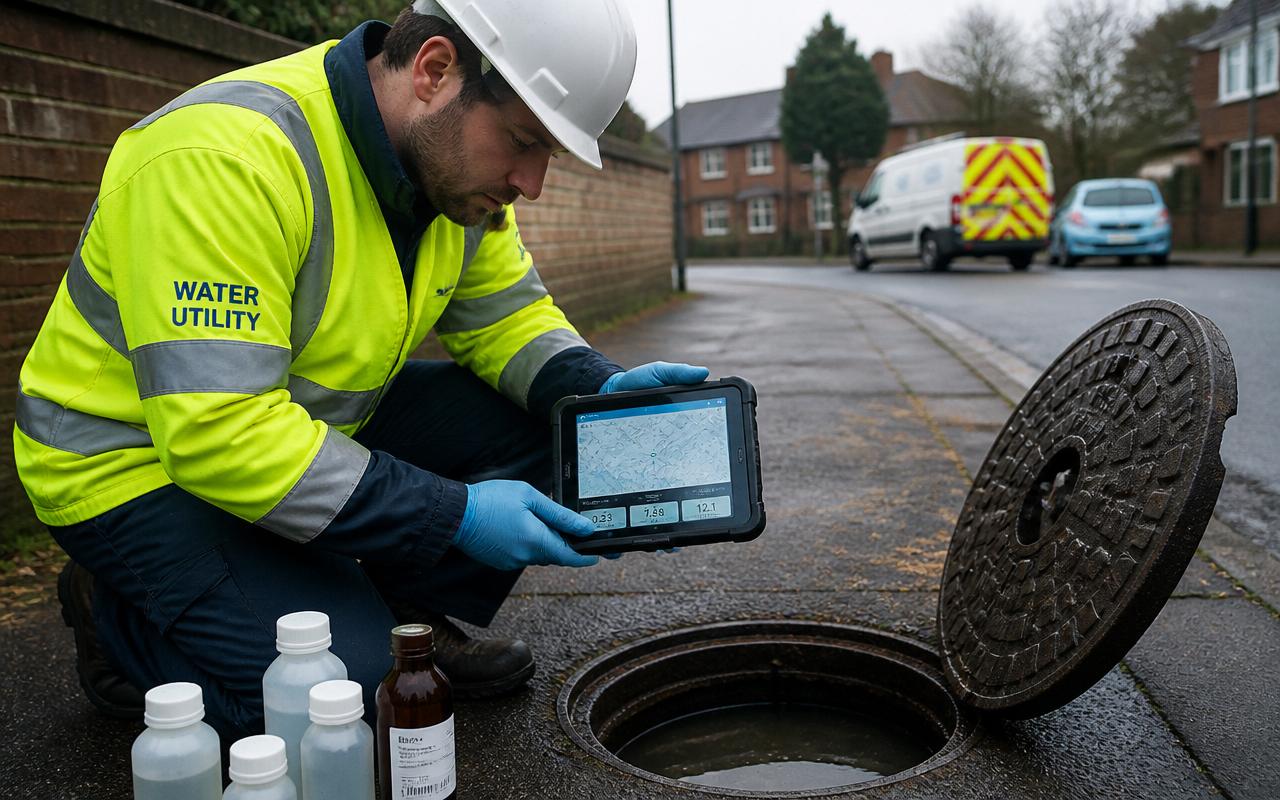 A water utility field engineer recording readings on a tablet beside an open inspection chamber