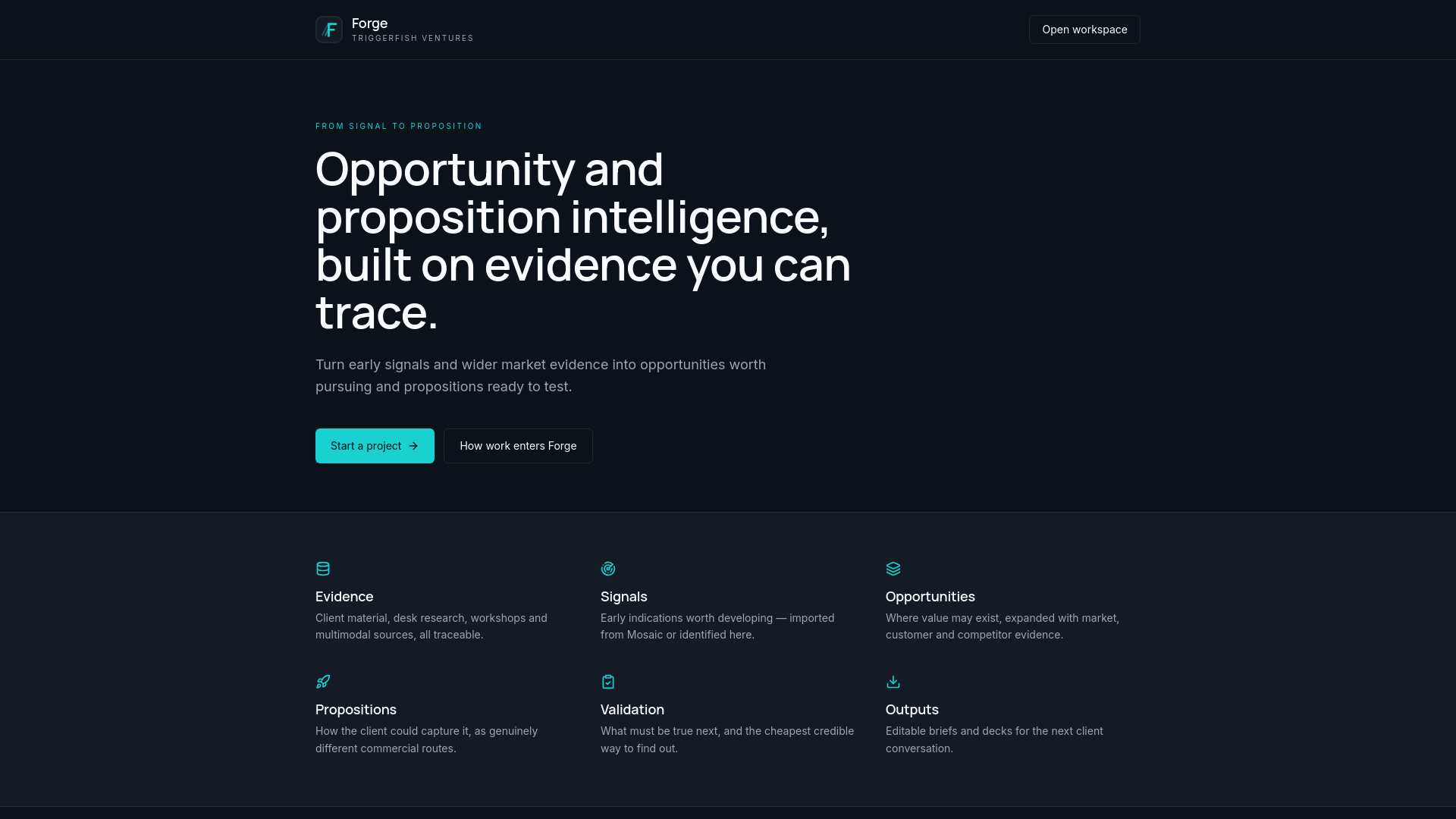 The Forge product website home page, headlined "Opportunity and proposition intelligence, built on evidence you can trace"